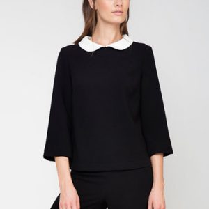 Black 3/4 Sleeve Peter Pan Collar Color-block Blouse