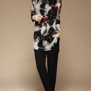 Black 3/4 Sleeve Shift Silk V Neck Blouse