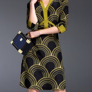 Black 3/4 Sleeve Silk-blend Geometric Midi Dress