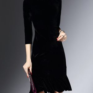 Black 3/4 Sleeve Velvet Flounce Bateau/boat Neck Midi Dress