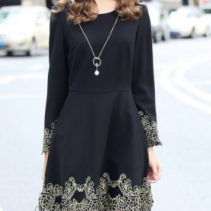 Black A-line Casual Abstract Embroidered Mini Dress