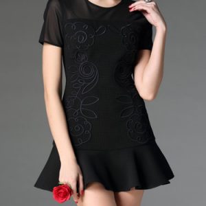 Black A-line Crew Neck Casual Cotton Mini Dress