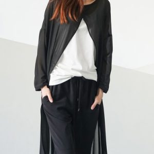 Black A-line Crew Neck Long Sleeve Chiffon Coat