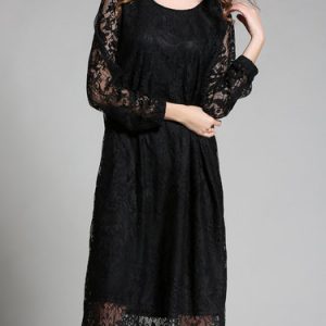 Black A-line Crocheted Guipure Lace Long Sleeve Midi Dress