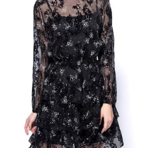 Black A-line Elegant Printed Crew Neck Mini Dress