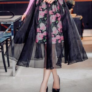 Black A-line Floral Girly Midi Skirt