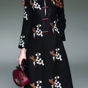 Black A-line Floral-embroidered Long Sleeve Wool Blend Coat