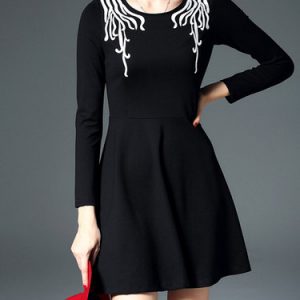 Black A-line Long Sleeve Cotton-blend Mini Dress