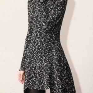 Black A-line Long Sleeve Wool-blend Knitted Asymmetric Mini Dress