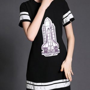 Black A-line Short Sleeve Polyester Printed/Dyed Mini Dress