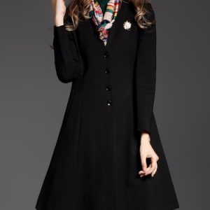 Black A-line Solid Buttoned V Neck Elegant Coat With Scarf