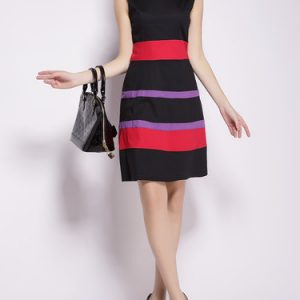 Black A-line Stripes Sleeveless Midi Dress