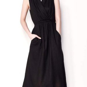 Black A-line V Neck Casual Plain Midi Dress