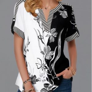 Black And White Floral Print Color Block Short Sleeve Top for Women Split Neck Roll Tab Sleeve Flower Print Blouse - XXL