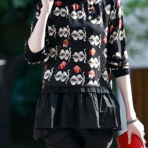 Black Animal Print Asymmetrical Ruffled 3/4 Sleeve Tunic