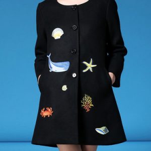 Black Appliqued Casual Crew Neck Coat