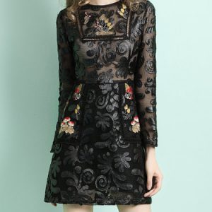 Black Appliqued Pierced Long Sleeve A-line Crew Neck Mini Dress