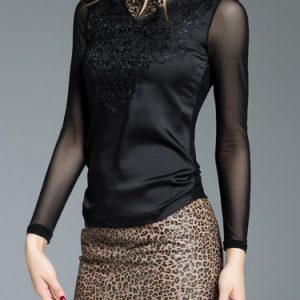 Black Appliqued Stand Collar Casual Long Sleeved Top