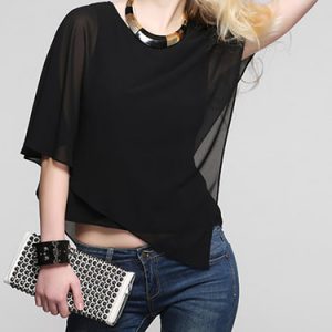 Black Asymmetric Crew Neck Short Sleeved Top