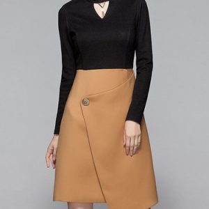 Black Asymmetric Keyhole Plain Long Sleeve Midi Dress