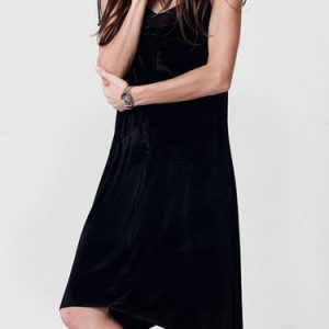 Black Asymmetric Spaghetti Velvet Midi Dress