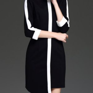 Black Asymmetrical Color-block 3/4 Sleeve Midi Dress