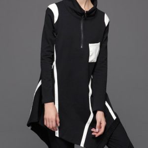 Black Asymmetrical Cotton-blend Casual Color-block Sweatshirt