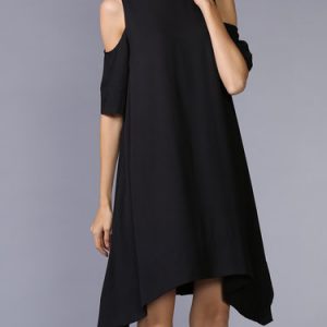 Black Asymmetrical Cutout Crew Neck Half Sleeve Midi Dress