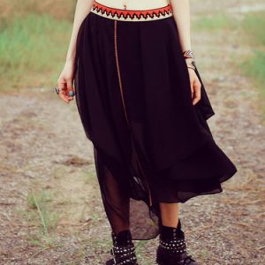 Black Asymmetrical Simple Embroidered Midi Skirt