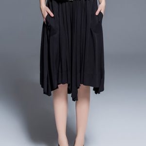 Black Asymmetrical Viscose Plain Work Midi Skirt