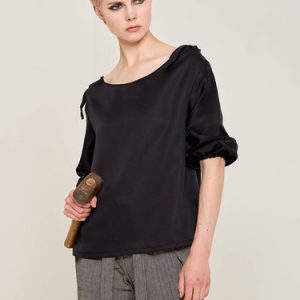 Black Balloon Sleeve Bow Silk Top