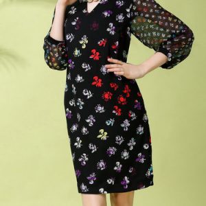 Black Balloon Sleeve H-line V Neck Floral Midi Dress