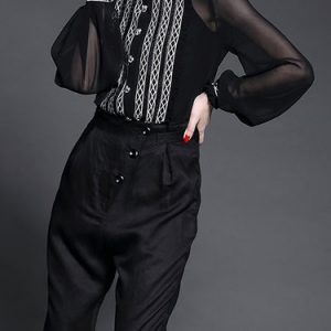 Black Balloon Sleeve Plain Ruffled Blouse