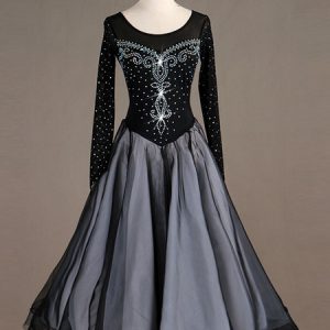 Black Ballroom Dance Costume Long Sleeve Women Organza Beaded Long Dancing Dresses Halloween