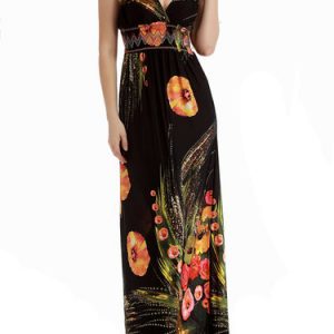 Black Beach Printed A-line Plunging Neck Maxi Dress