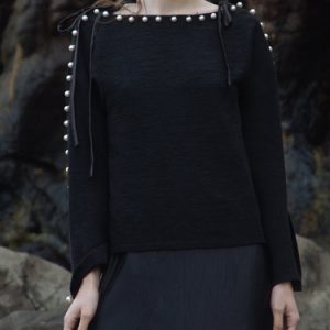 Black Beaded Cotton-blend Long Sleeved Top