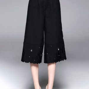 Black Beaded Plain Casual Cropped Pant