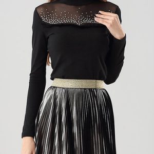 Black Beaded Turtleneck Paneled Long Sleeved Top