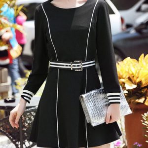 Black Binding A-line Crew Neck Long Sleeve Mini Dress