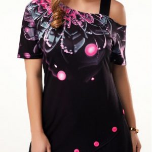 Black Blouse Tunic Top for Women Dazzle Color Floral Print Short Sleeve T Shirt - XL