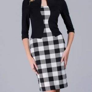 Black Bodycon Checkered/Plaid 3/4 Sleeve Paneled Midi Dress