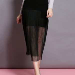 Black Bodycon Pleated Paneled Casual Midi Skirt