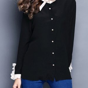 Black Bow Casual Silk Color-block Ruffled Plain Blouse