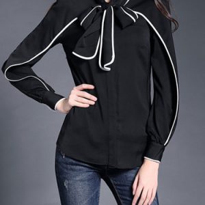 Black Bow Stand Collar Silk-blend Long Sleeve Blouse