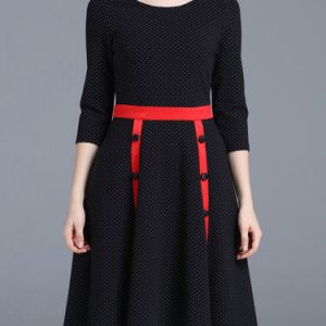 Black Buttoned 3/4 Sleeve Polka Dots Midi Dress