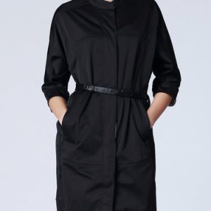 Black Buttoned H-line Crew Neck Long Sleeve Coat With Belt