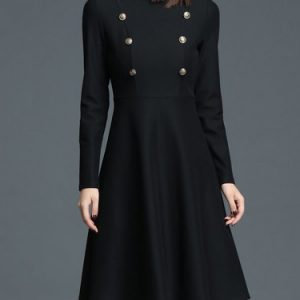 Black Buttoned Long Sleeve A-line Midi Dress