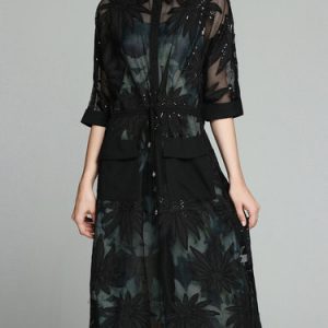 Black Casual Appliqued Polyester Pierced Coat