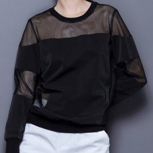 Black Casual Crew Neck Plain Paneled Blouse