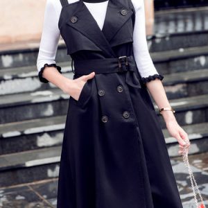 Black Casual Double Breasted Pockets Solid Midi Dress with Belt